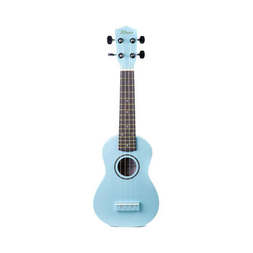 Lyseblå ukulele med mørk gribebræt og enkle strenge i klassisk design