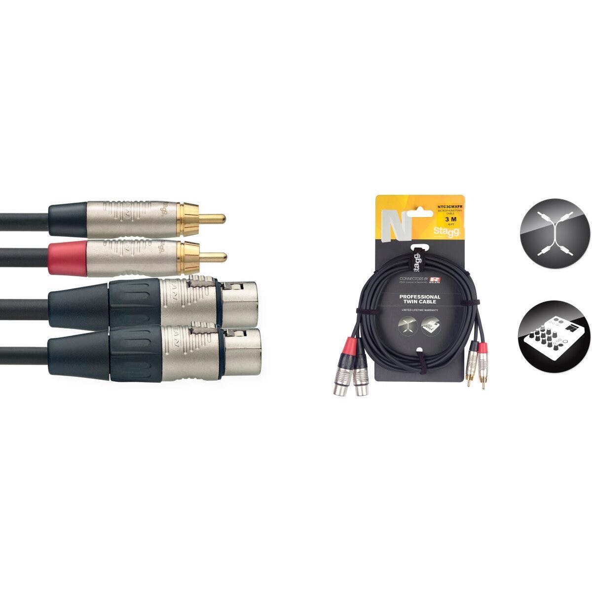 Stagg NTC3CMXFR – Twin kabel 2 x RCA til 2 x XLR hun, 3 meter