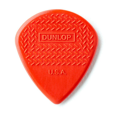 Rødt nylon guitarplektrum med skridsikkert greb og Dunlop-tryk lavet i USA
