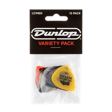 Forskellige farvede Dunlop guitarplektre i pakke med 12 stk til let/medium styrke
