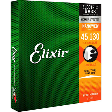 Grøn og orange pakke med Elixir Nanoweb basstrenge til 5-strenget bas guitar