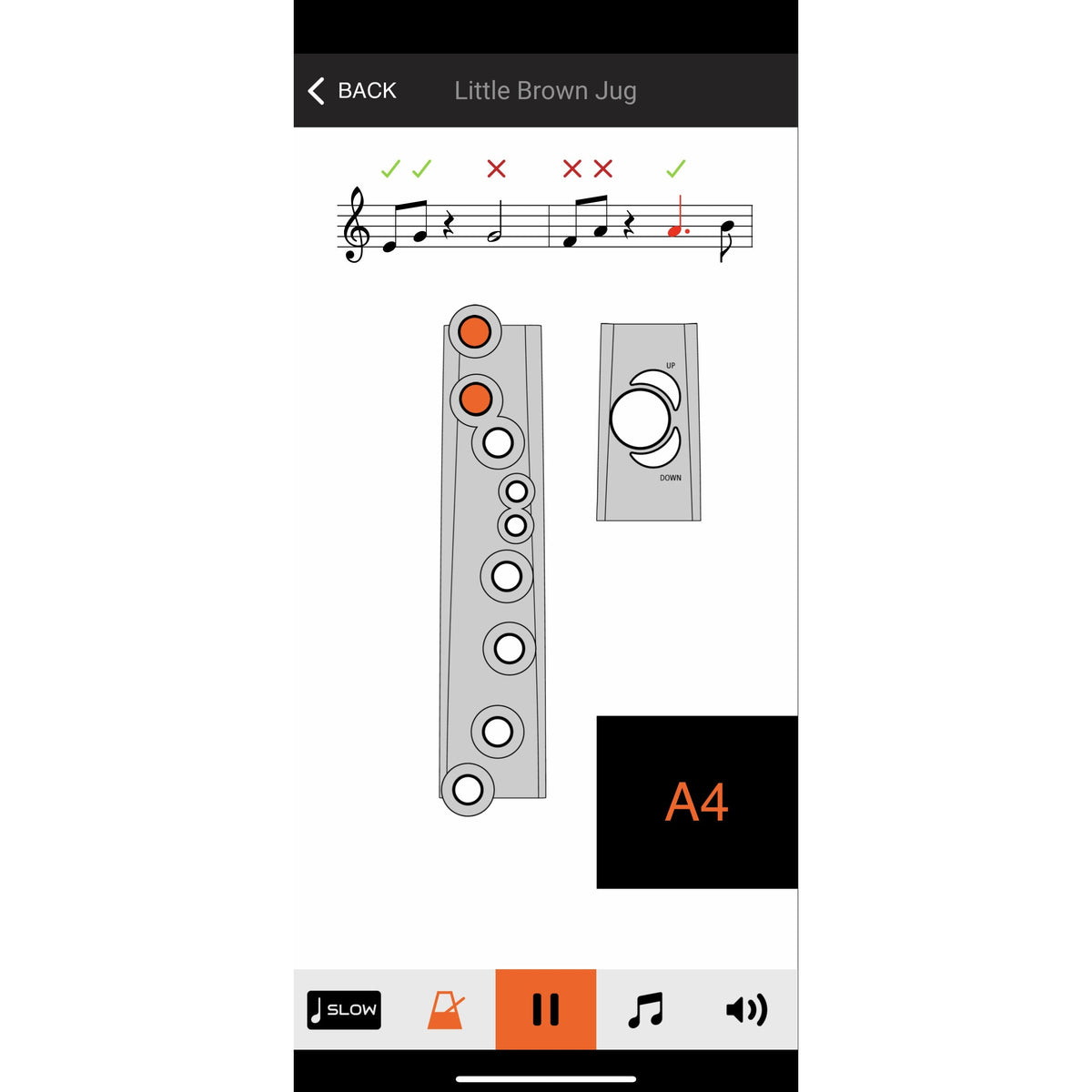 Skærmbillede af musikapp med nodegenkendelse og fingerplacering på Roland AE-01 Aerophone Mini