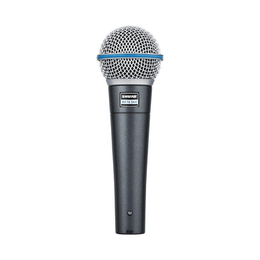 Sort og sølv vokalmikrofon med blå accent og netlignende top i metal