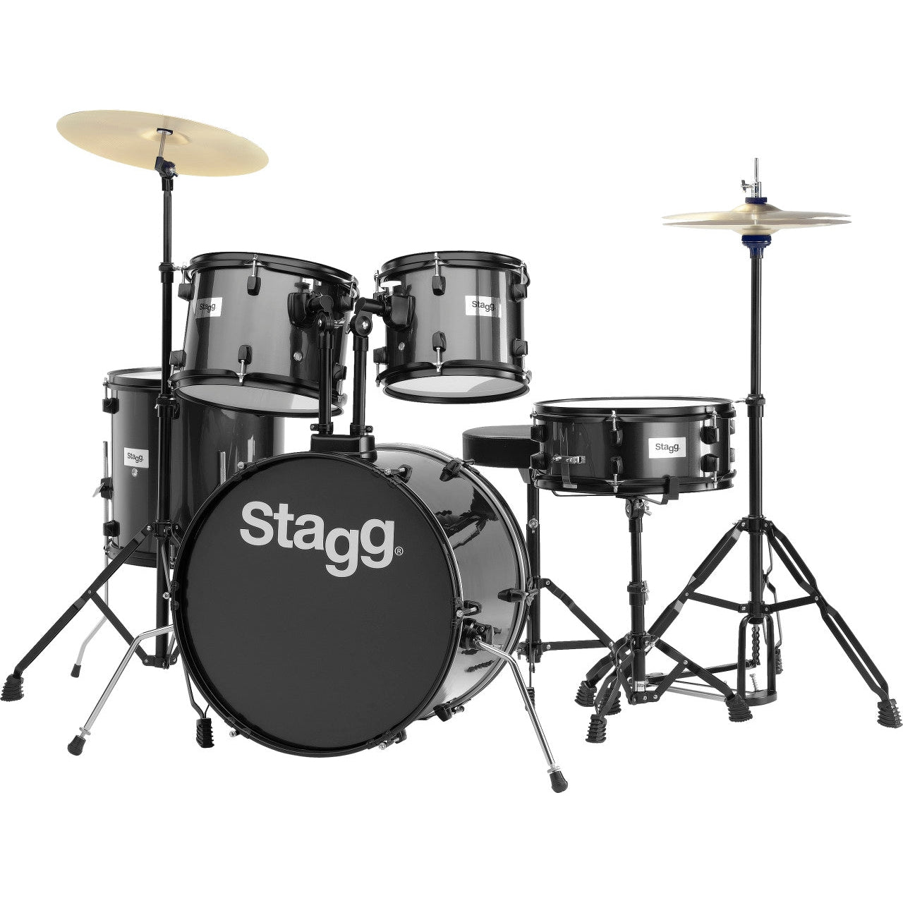 Stagg 5-Piece, 20" Drum Kit Complete with Hardware and Cymbals, Black