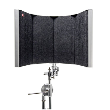Sort refleksionsfilter med grå kant og metalstativ til lydoptagelse eller studiebrug