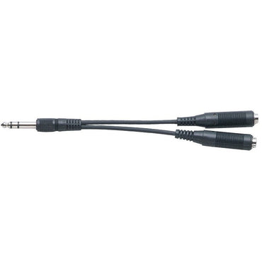 Sort hovedtelefon-splitter med 6,3 mm jack og to udgange på 15 cm kabel.