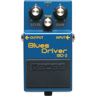 Blå guitar effektpedal med drejeknapper til niveau, tone og gain justering