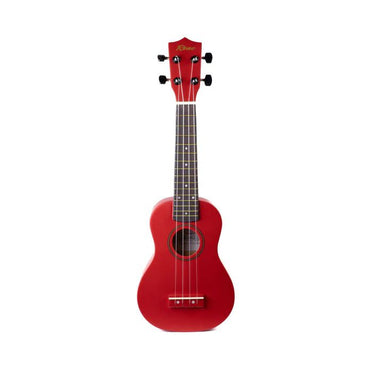 Rød ukulele med sorte stemmeskruer og mørk gribebræt på hvid baggrund