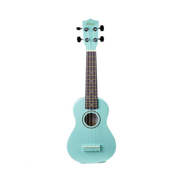 Lyseblå ukulele med mørk gribebræt og fire stemmeskruer
