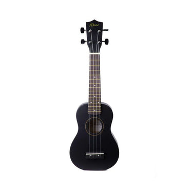 Sort ukulele med fire strenge og let genkendelig kropsform på hvid baggrund