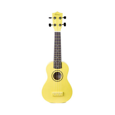 gul ukulele med mørk gribebræt og klanghul, stilfuldt design