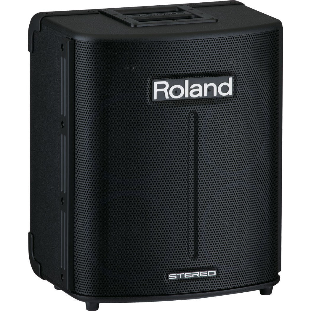 Sort bærbar stereohøjttaler til professionel lyd med Roland-logo foran.