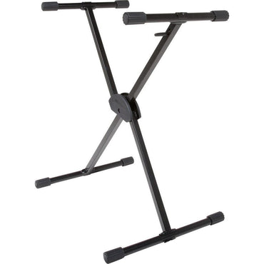 Sort justerbart keyboard-stativ i metal med gummifødder for stabilitet og beskyttelse.