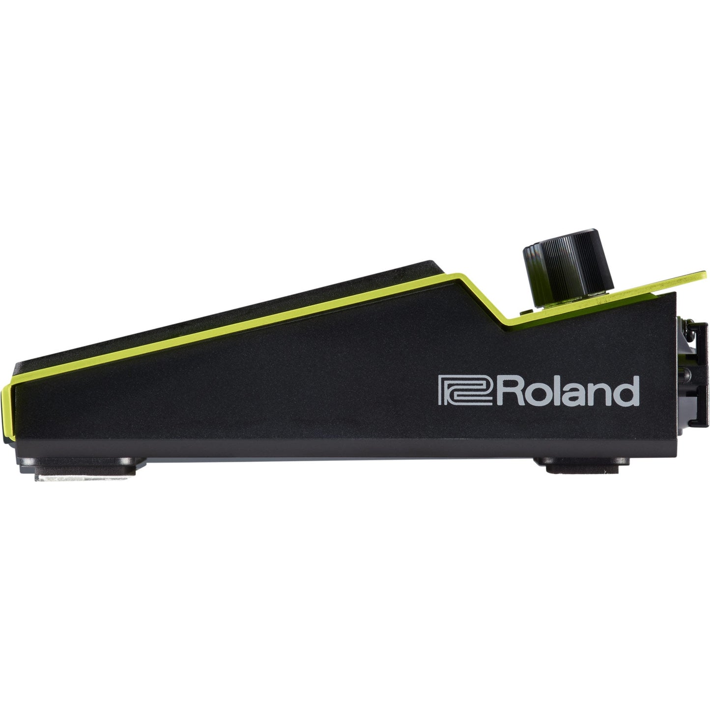 Sort elektronisk trommepad med gul detaljer og Roland logo på siden