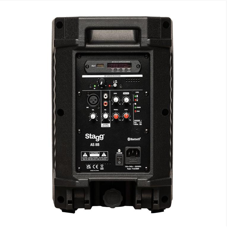 STAGG AS8B EU+UK 8" 2-way active speaker, class D, Bluetooth TWS Stereo, UHF mic, 125 watts, battery powered