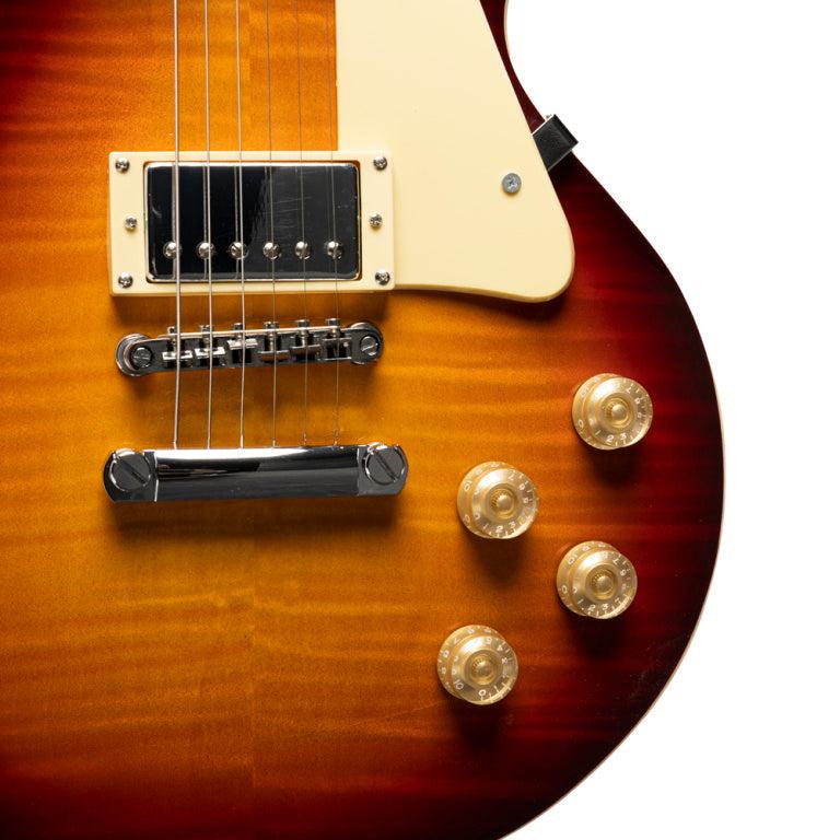 Stagg Deluxe-serien, massiv mahogni med AAA-flammet ahorntop, Dark Cherry Burst