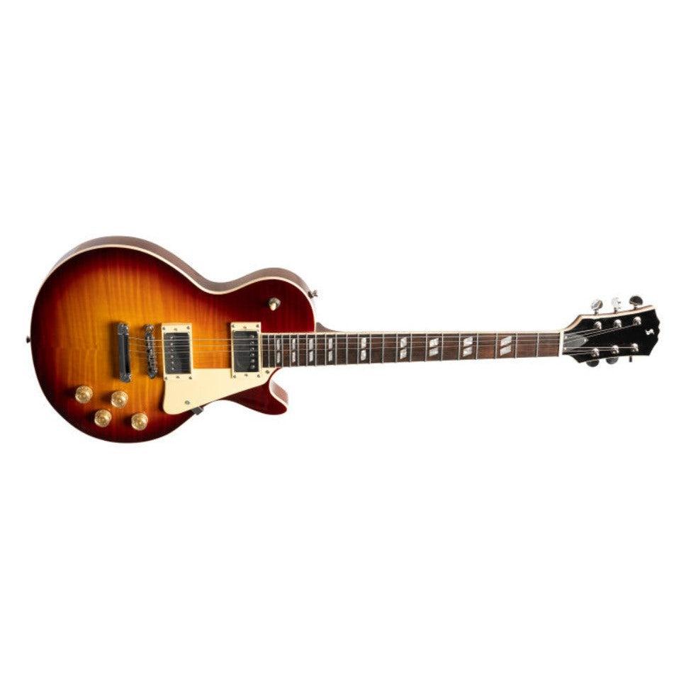 Stagg Deluxe-serien, massiv mahogni med AAA-flammet ahorntop, Dark Cherry Burst