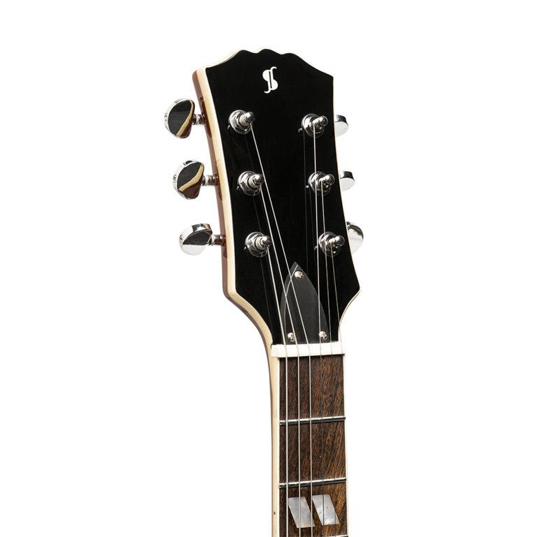 Stagg Deluxe-serien, massiv mahogni med AAA-flammet ahorntop, Transperant sort