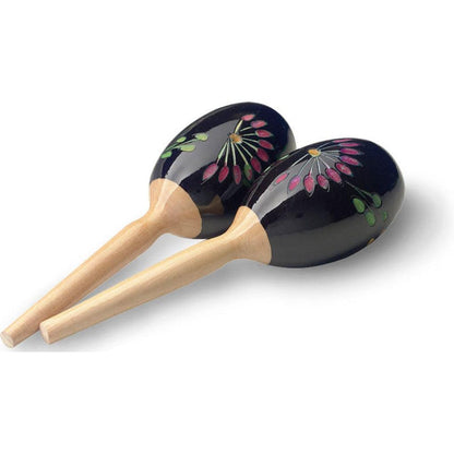 Stagg wooden maracas, Floral motif, black 19 cm