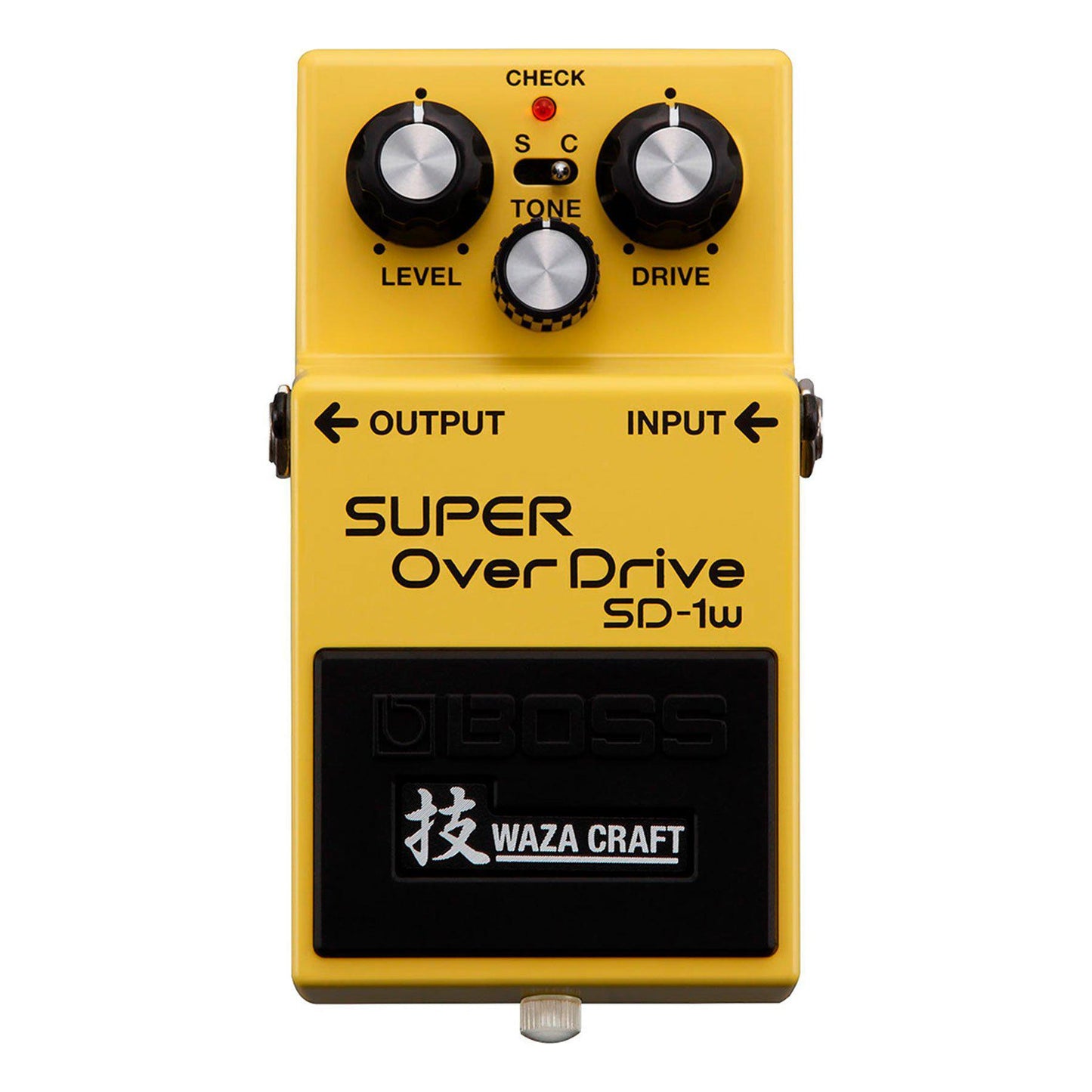 gul guitar effektpedal med drejeknapper og waza craft mærkat