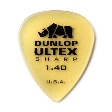 gult Ultex guitarplekter med sort næsehorn og teksttryk i professionelt design