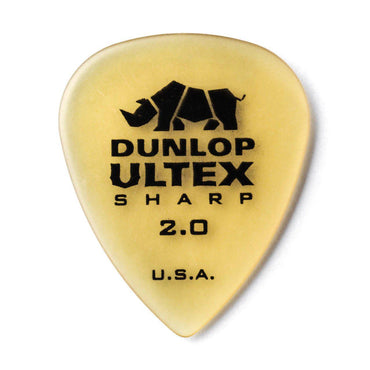 guitarplektrum i gul ultex kvalitet med skarp spids og logo med næsehorn