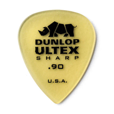 Gult guitarplekter med Dunlop Ultex skarp tekst og rhinoceros logo