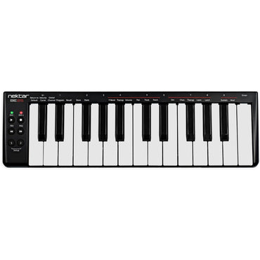 Sort og hvidt mini USB MIDI-controller keyboard med 25 tangenter og kontrolknapper til musikproduktion.