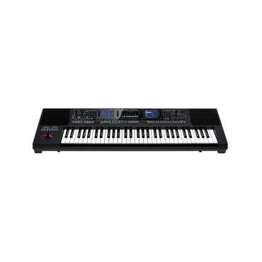 Digital arranger keyboard med fodpedal og flere skærme i sort finish