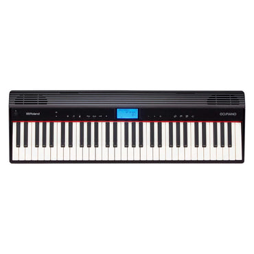 Sort digital keyboard med 61 tangenter og blå skærm i midten, Roland design.
