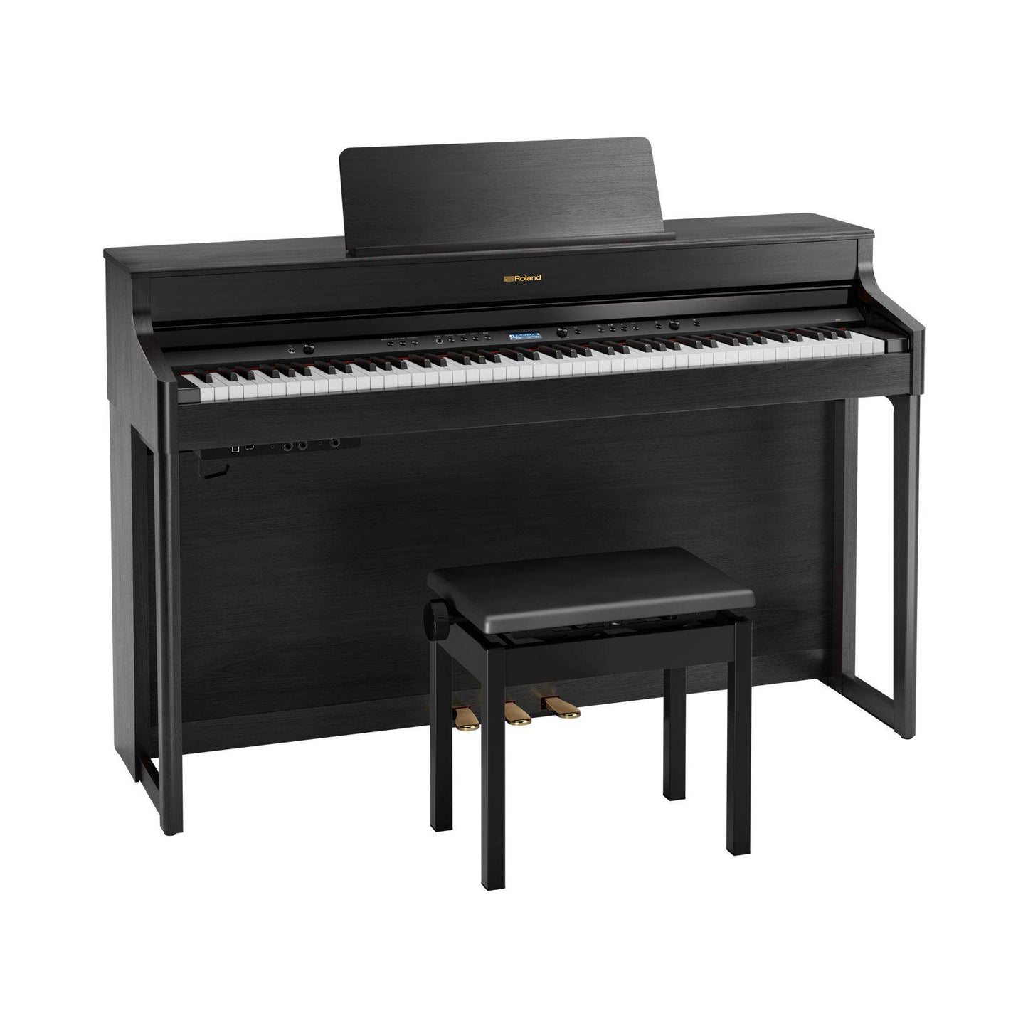 Sort digitalpiano med tilhørende bænk og tre pedaler i et moderne design