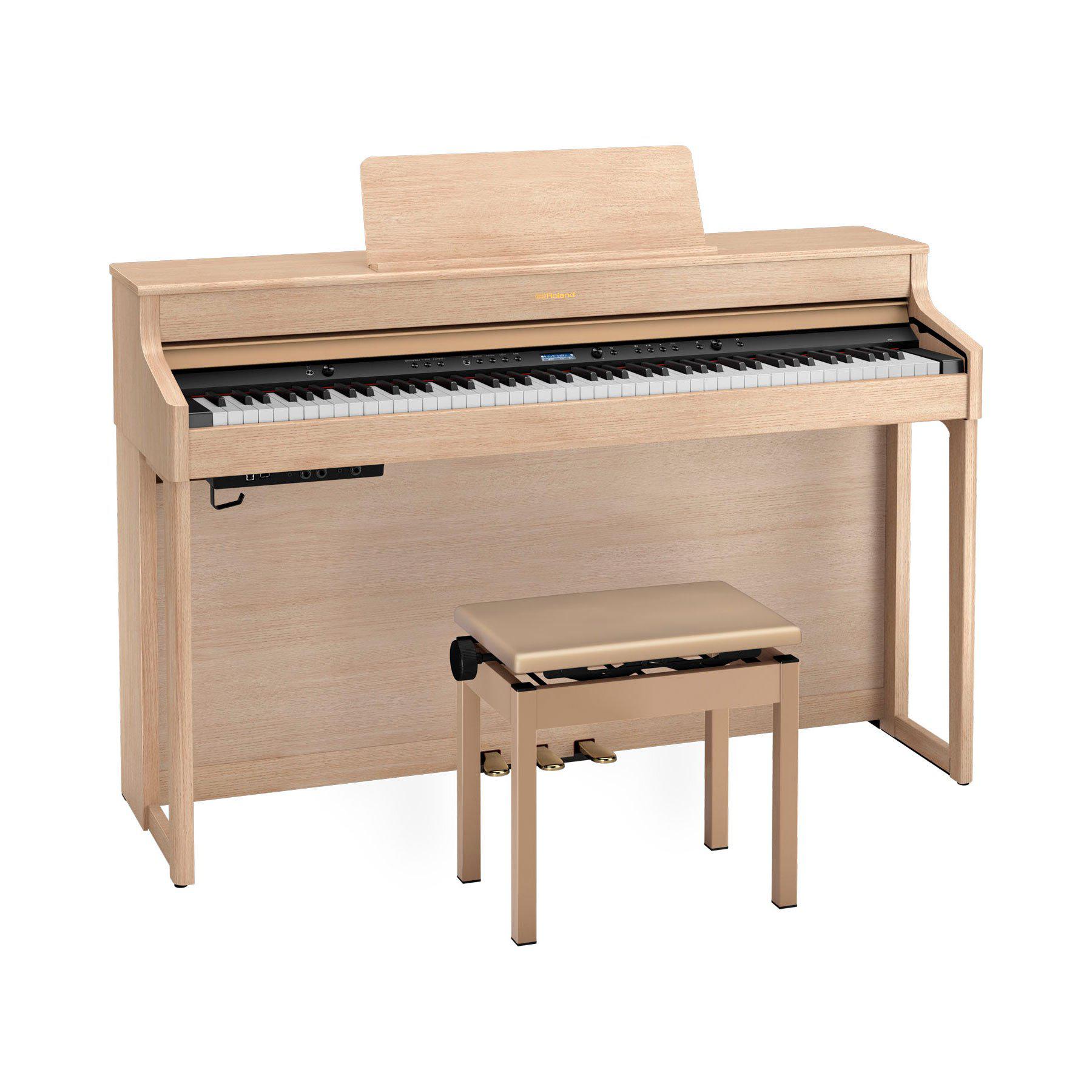 Digitalt pianoinstrument med lyst trædesign og matchende justerbar bænk