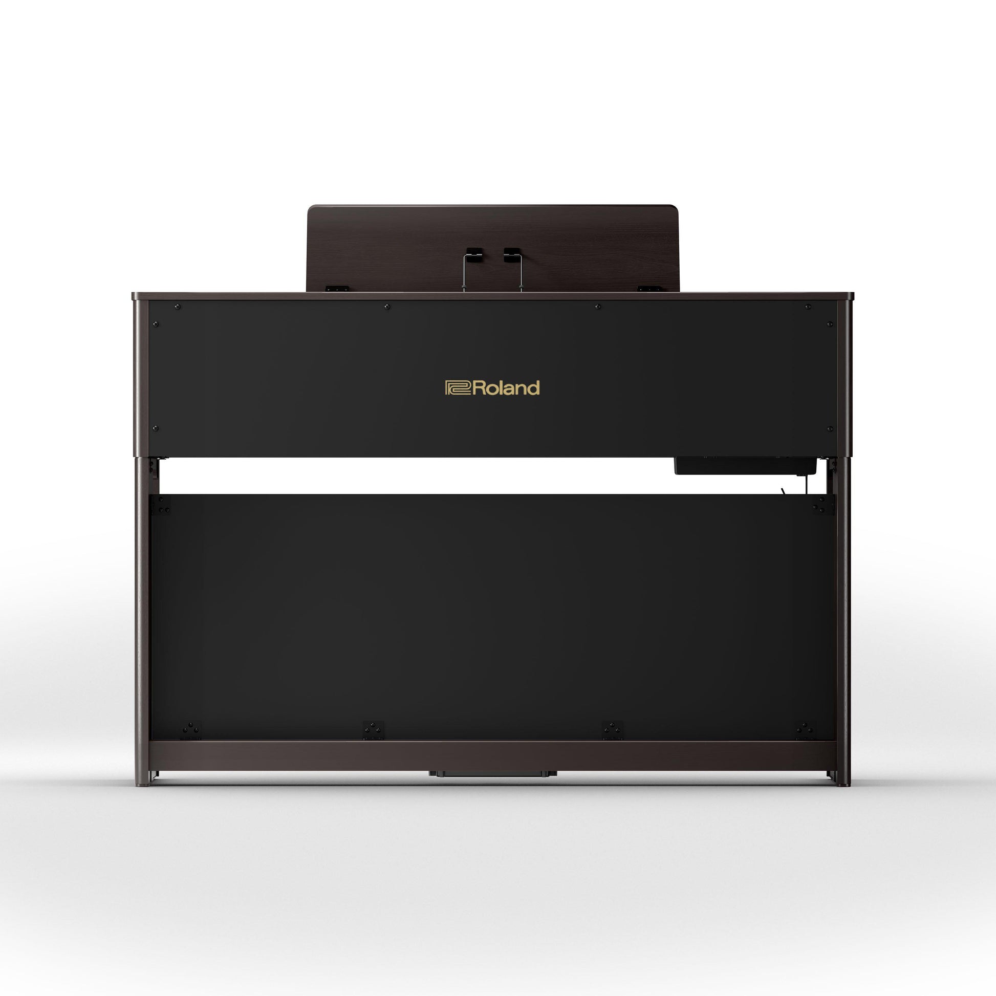 Digitalt klaver i mørkt træ med elegant finish set bagfra med musikstativ