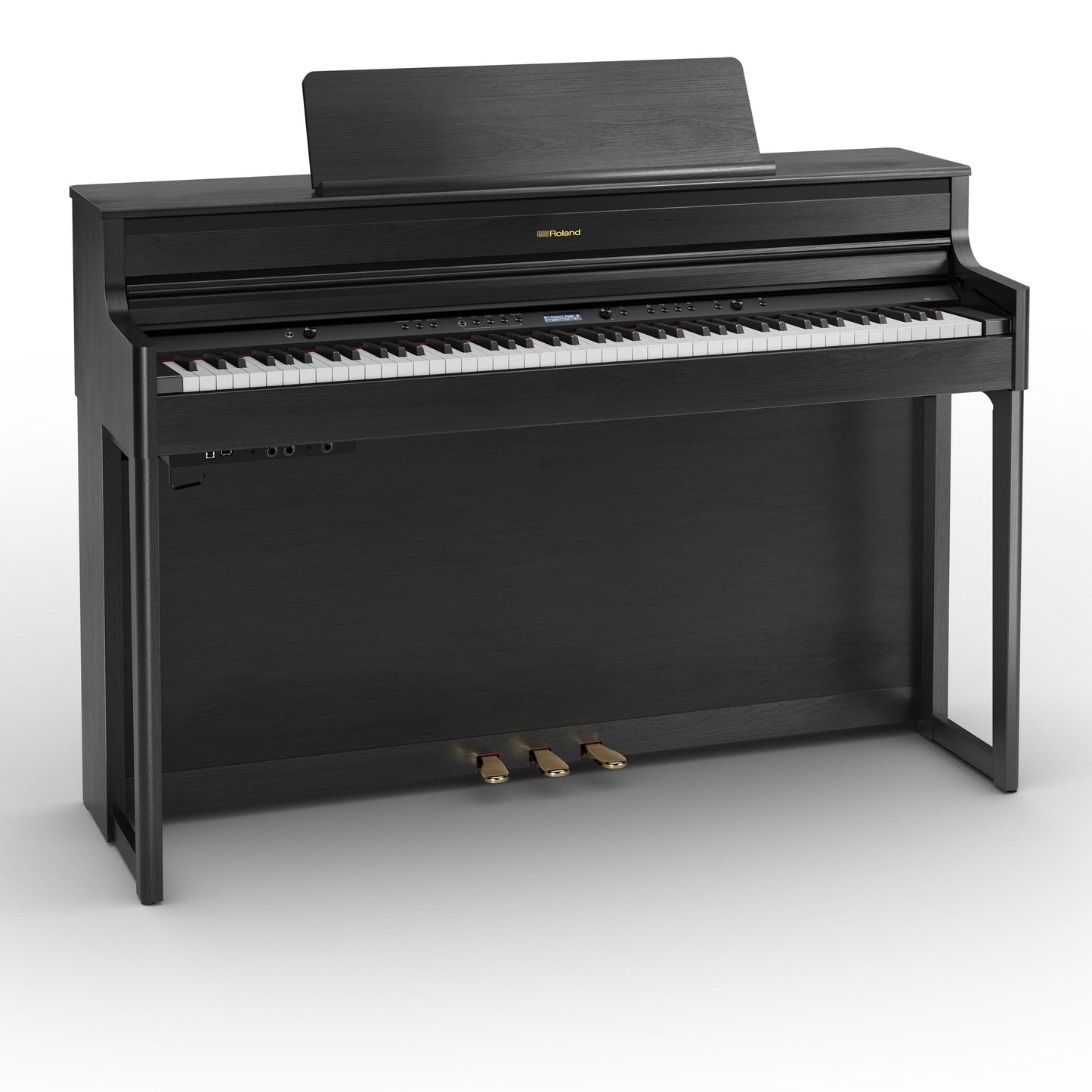 Sort digitalpiano med tre pedaler og klaverbygget design i træfinish