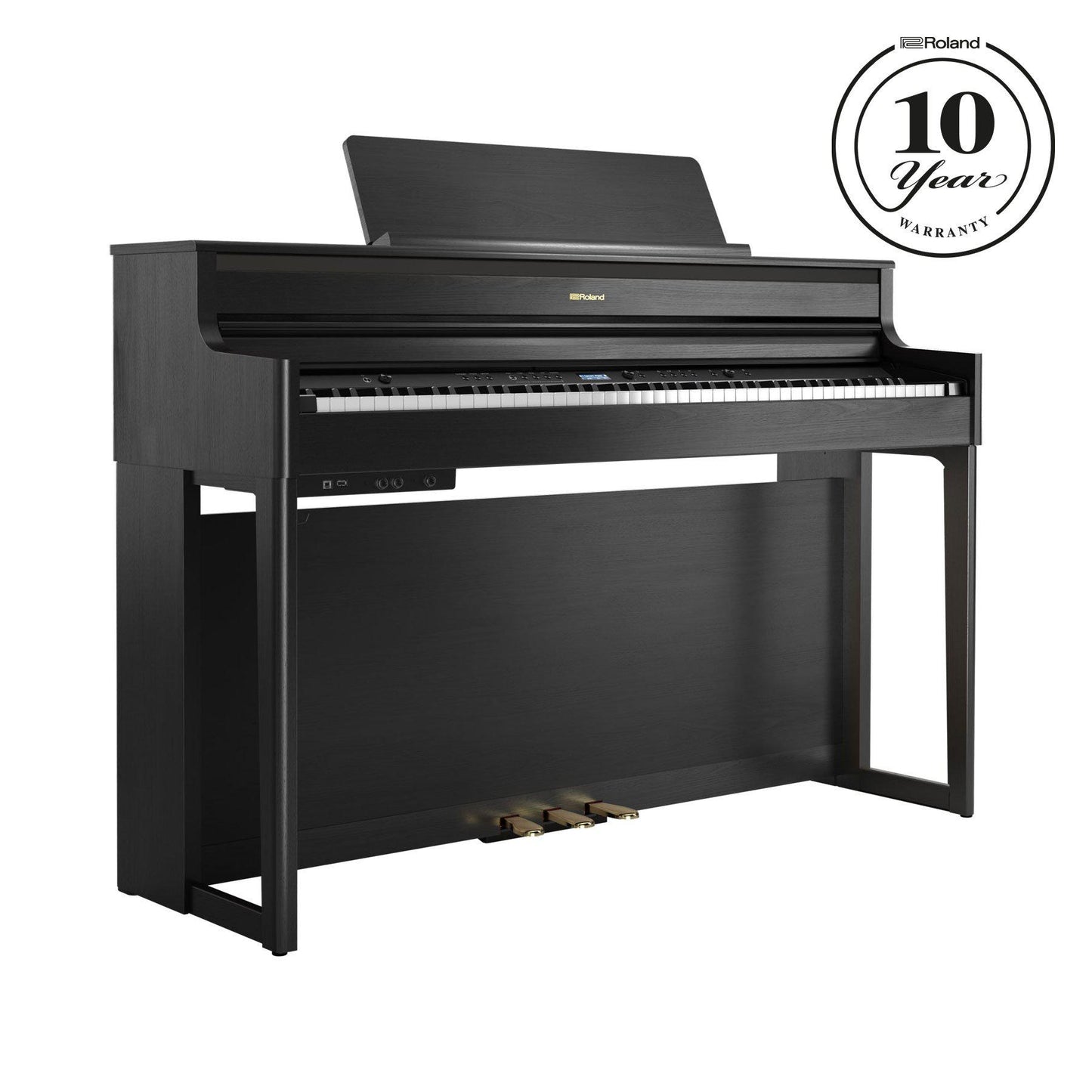 Moderne digitalpiano i sort træ med tangenter og tre pedaler i elegant design
