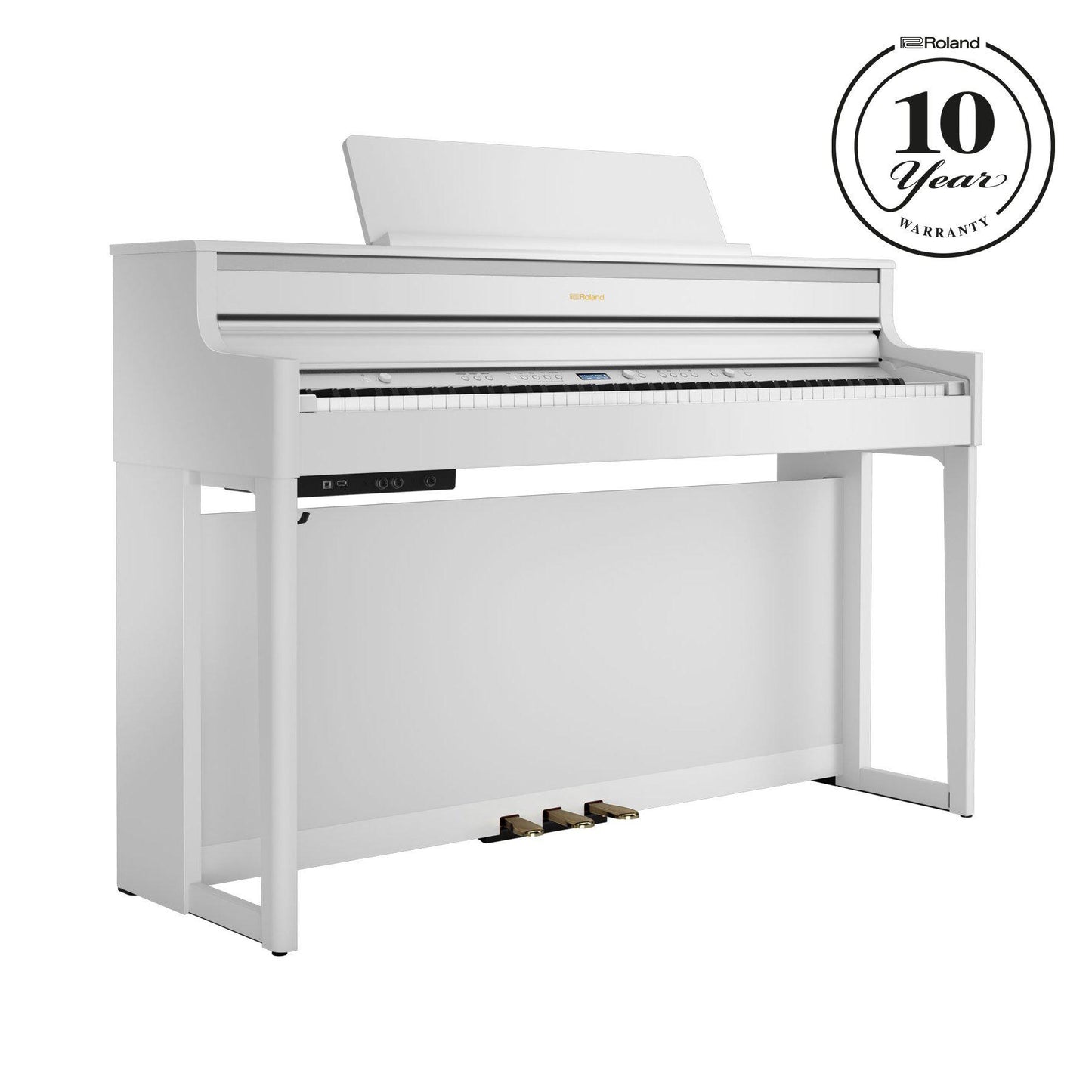 Hvidt digitalpiano med tre pedaler og elegant, moderne design i høj kvalitet