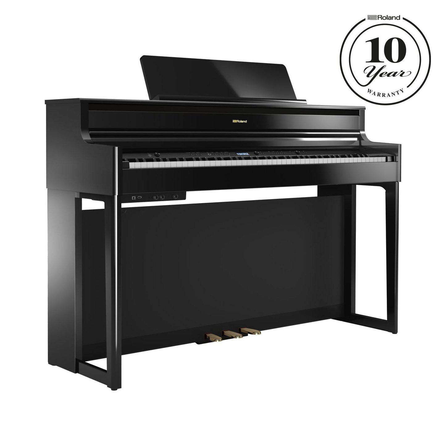 Sort digitalpiano med 88 tangenter og tre pedaler i moderne design