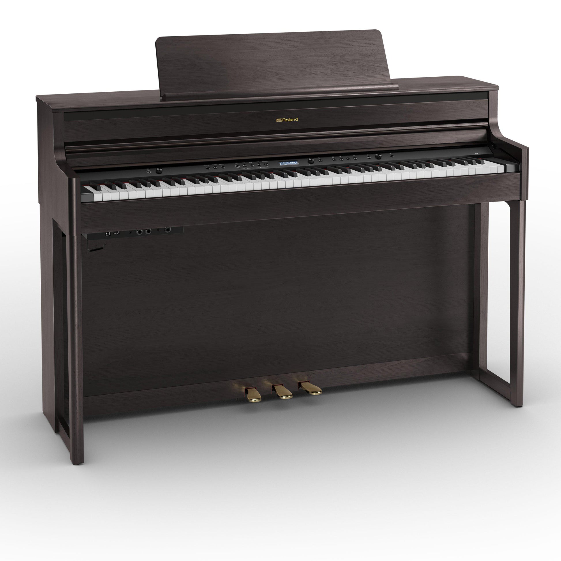 Sort digitalpiano med fuld keyboard og tre pedaler i elegant design