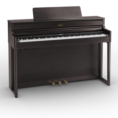 Sort digitalpiano med fuld keyboard og tre pedaler i elegant design