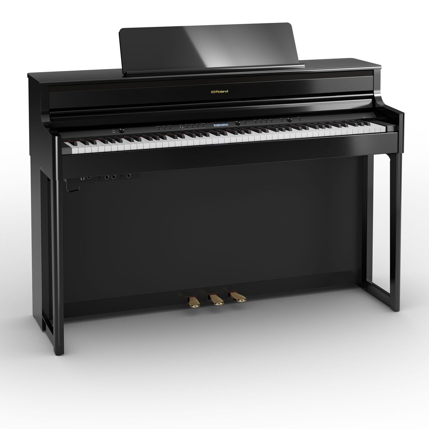Sort digitalpiano med 88 tangenter og tre pedaler i et elegant design.