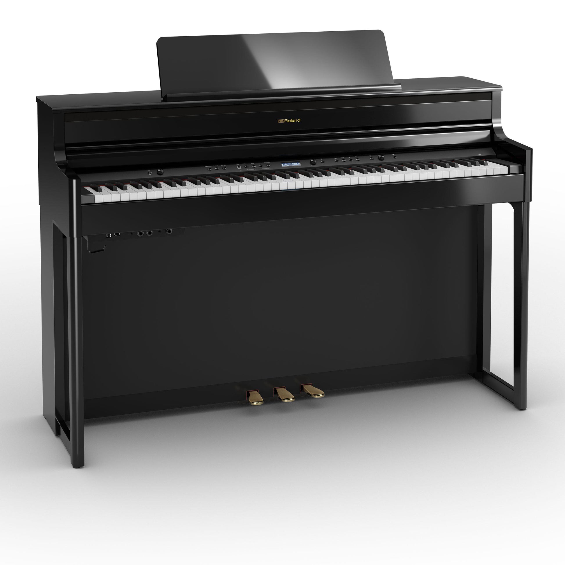 Sort digitalpiano med 88 tangenter og tre pedaler i et elegant design.