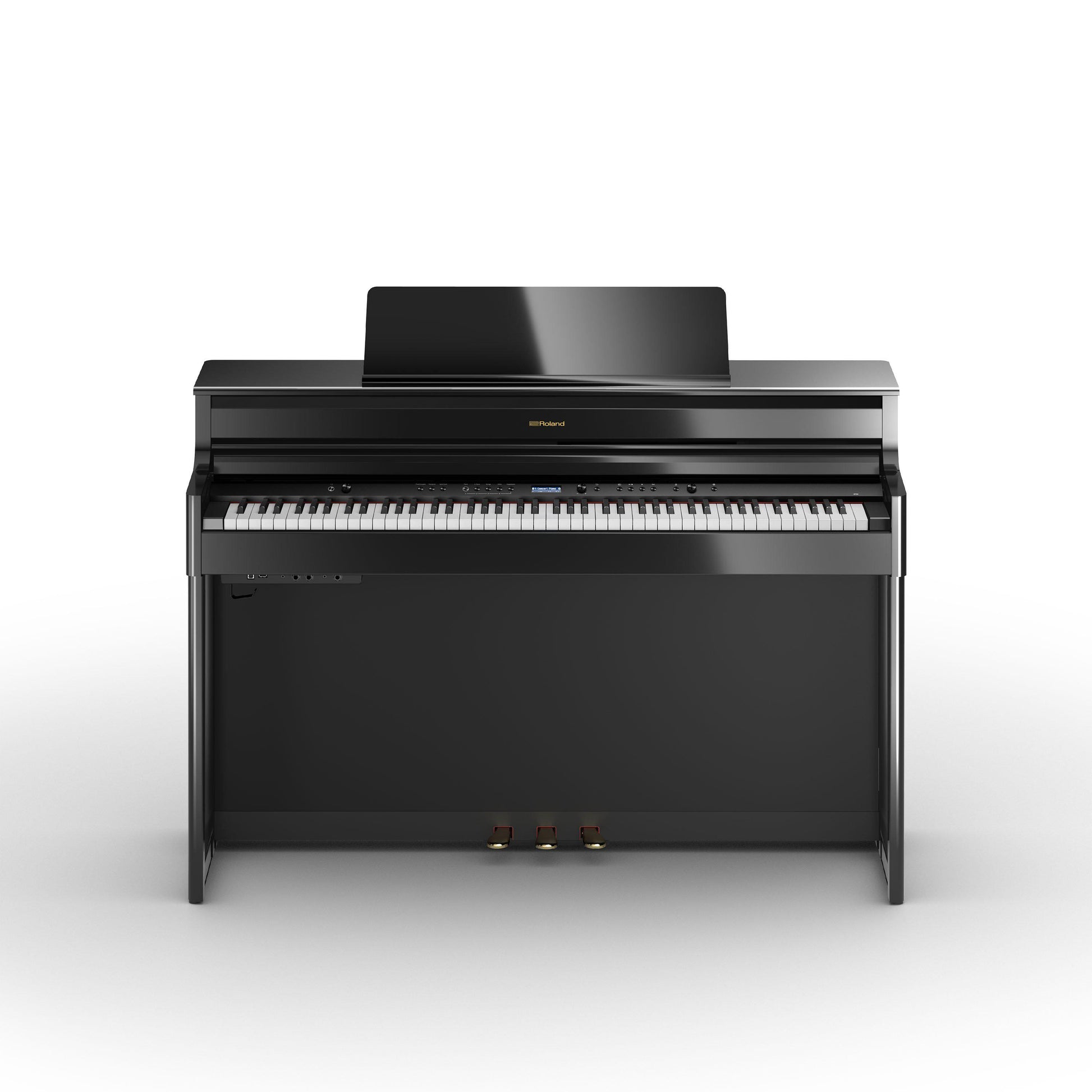 Sort digitalpiano med klaverbygning og tre pedaler i elegant design