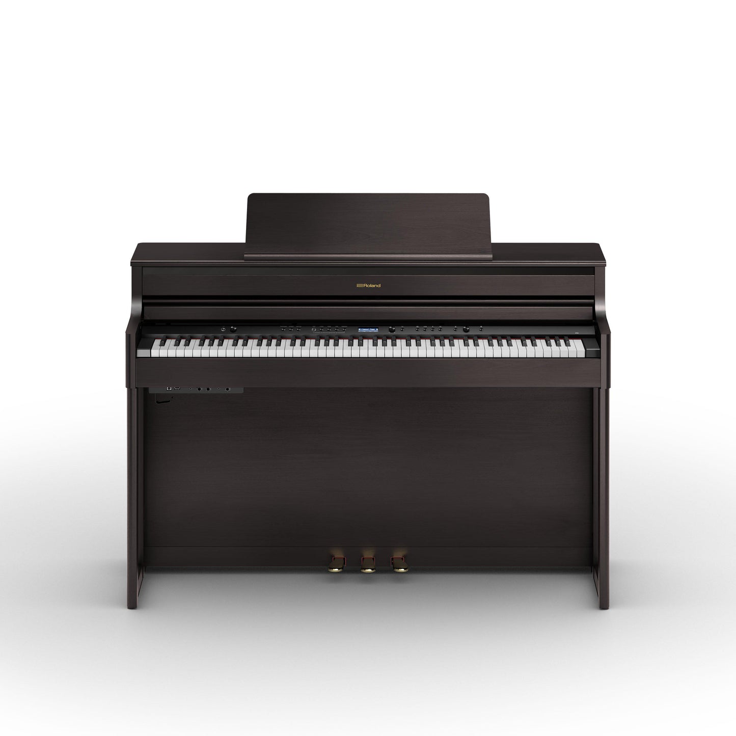 Digitalt piano i elegant mørkt træ med fuldt tastatur og tre pedaler foran