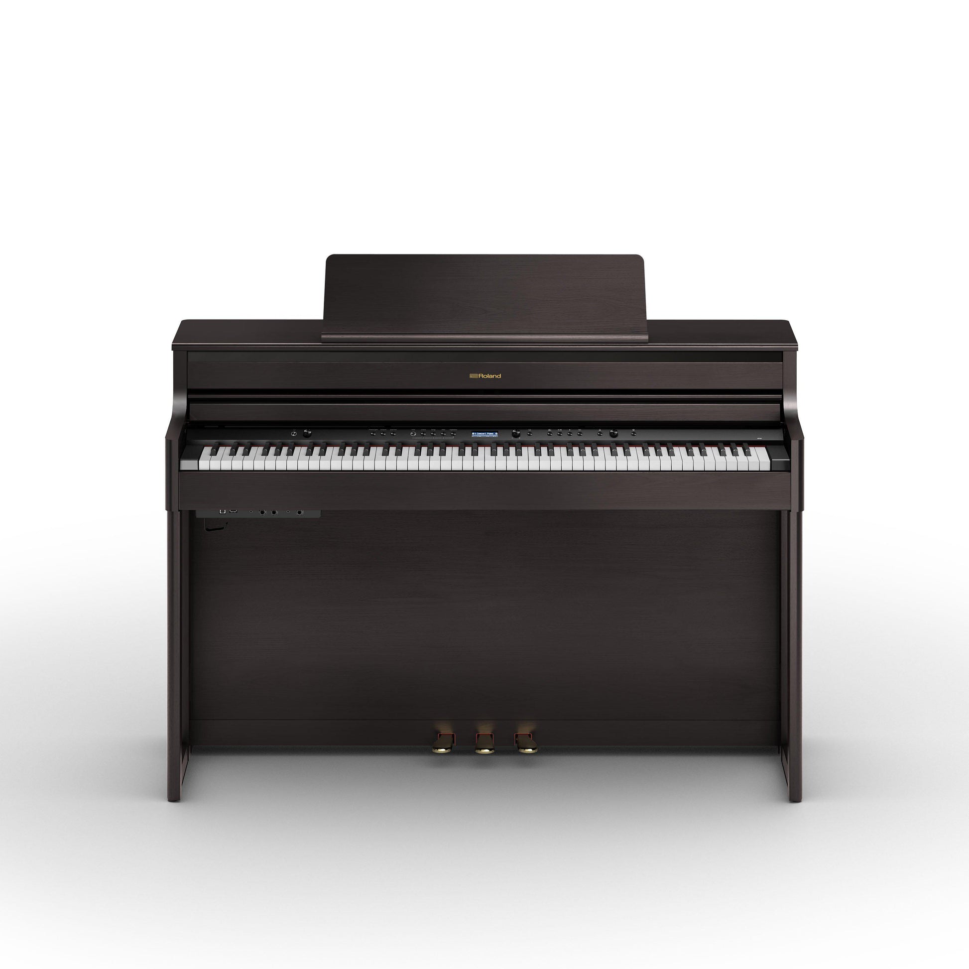 Digitalt piano i elegant mørkt træ med fuldt tastatur og tre pedaler foran