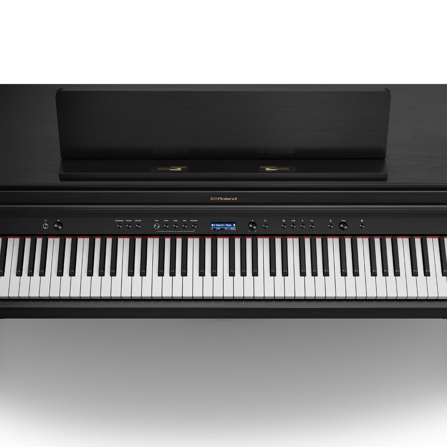 Sort digitalpiano med fuldt tastatur og kontrolpanel i elegant design
