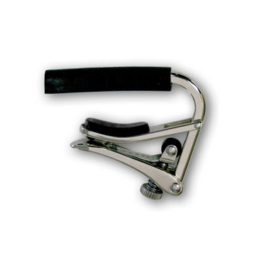 Krommet capo med sort gummipolstring til stålstrenget guitar i robust design