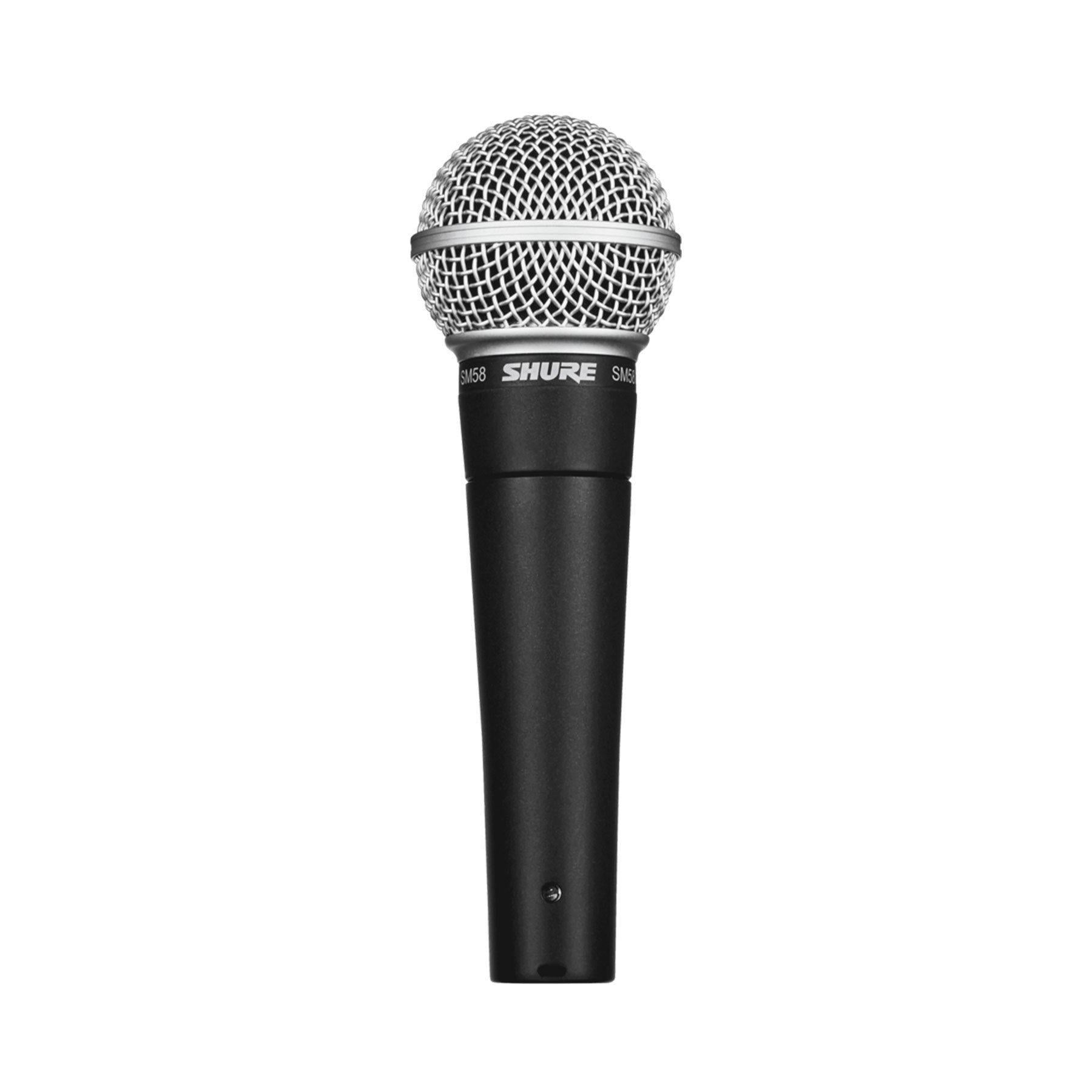 Sort dynamisk vokalmikrofon med sølv metalgitter i top og Shure logo